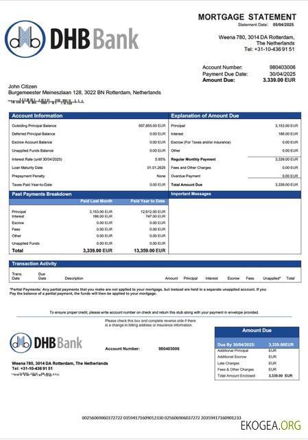 Modèle Word et PDF de relevé hypothécaire de la DHB Bank des Pays , Bas